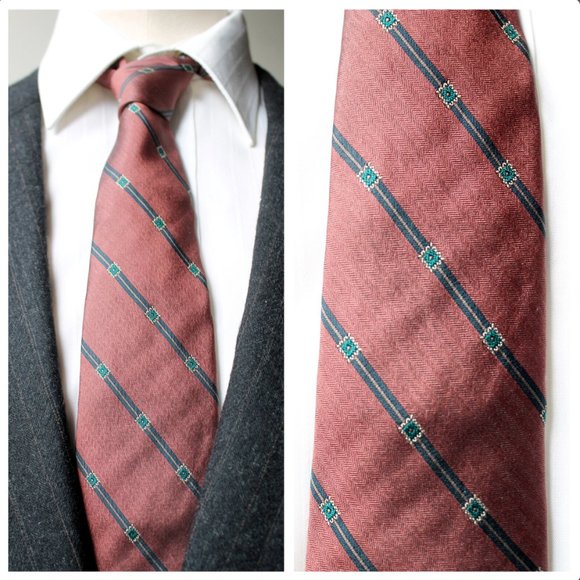 Vintage Men's Henry Grethel Burgundy & Dark Green Stripe Printed Silk Tie | Ties - Picture 1 of 10